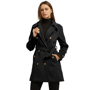 <b>Women's</b> <b>Black</b> <b>Wool</b> Trench <b>Coat</b> Double Breasted With Belt Midi Length Elegant Windproof Outerwear Full Sleeve Notched Collar - Product Image 3