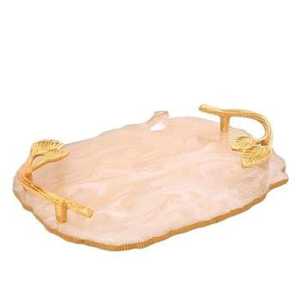 Elegante Bandeja de Servir de Resina Blanca Crema con Hojuelas de Lámina Dorada, Plato en Forma de Geoda de Ágata con Asas de Metal en Forma de Rama, Decoración Moderna - Product Image 2