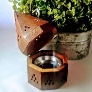 Wooden <b>Bakhoor</b> Burner With Metal Bowl For Burning <b>Oud</b> Chips Traditional Arabic Fragrance Holder - Product Image 2