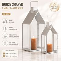 Lanterne à bougie en gros 40cm 60cm en forme de maison, décoration de sol avec panneaux en verre transparent pour bougies à pilier ou LED