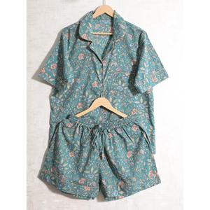 Women Floral Print Cotton Pajama Set Short Sleeve Turn-Down Collar Drawstring Shorts Summer Casual Sleepwear - Product Image 1