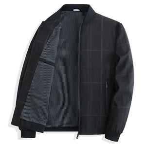 Men's Plaid Bomber <b>Jacket</b> Stand <b>Collar</b> Zipper Closure Windproof Casual Autumn Polyester Regular Fit - Product Image 2