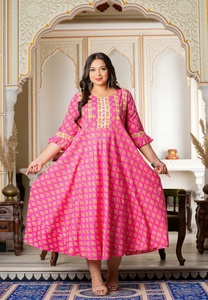 Kurti Anarkali de Rayón con Mangas Plisadas para Mujer, Talla Grande, Cuello Redondo, Estampado Floral, Corte Ajustado, Informal, para Fiesta, Color Rosa - Product Image 5