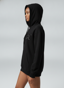 Sweat à capuche oversize pour femme, noir, avec logo pailleté sur le devant, manches classiques, en coton tricoté, pour l'automne - Product Image 2