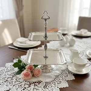 Plateau de service à 2 niveaux en argent de luxe, support à gâteau élégant en métal, plateau de présentation de desserts pour fête de thé, mariage, décoration de la maison - Product Image 5