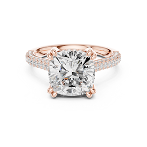 Bague de fiançailles et alliance en or rose avec diamant taille coussin, halo caché et pierres latérales pour femme - Product Image 1
