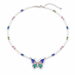 Elegant Brass <b>Choker</b> with Crystal Butterfly, Beaded Pearl Necklace for Women Trendy Summer Jewelry - Product Image 4