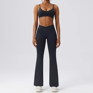Ensemble de yoga 2 pièces, haut court taille haute, leggings longs, couleur unie, bretelles spaghetti, vêtements de sport pour femmes - Product Image 1