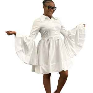 Vestido de Popelina Blanco para Mujer, con Botones, Manga Larga, Corte Campana, Elegante, Casual, Estilo Boutique - Product Image 3