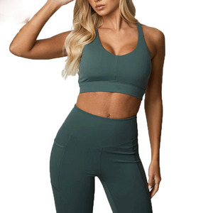 <b>Red</b> Criss-<b>Cross</b> Back Sports Bra With Logo On Back Breathable Knitted Solid Color Sporty Style Summer Wear - Product Image 4