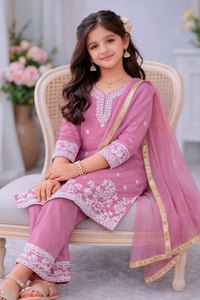 Ensemble Salwar Kameez brodé pour filles avec dupatta, vêtements traditionnels indiens et pakistanais pour enfants, tenue décontractée pour fêtes et hiver, extensible - Product Image 3