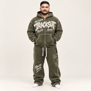 Ensemble de survêtement zippé en molleton lavé pour homme, pantalon de jogging ample personnalisé, ensemble streetwear imprimé, vente en gros OEM hiver - Product Image 1