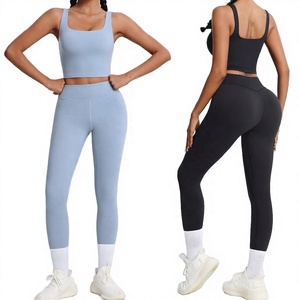 Ensemble de yoga sans couture pour femmes, leggings taille haute, haut court, vêtements de sport, bleu noir - Product Image 1