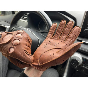 Gants de conduite en cuir véritable bleu, gants d'hiver unisexes à doigts entiers avec fermeture à glissière pour une conduite confortable en extérieur - Product Image 6