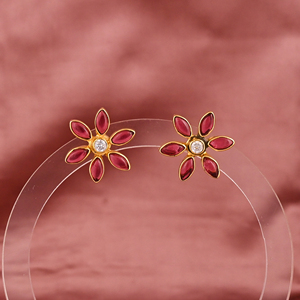 Natural Pink Tourmaline & Cubic Zirconia Gemstone Floral <b>Stud</b> Earrings | Gold Plated 925 <b>Sterling</b> <b>Silver</b> - Product Image 1