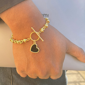 Pulsera unisex de cadena de eslabones con nudo de cuerda dorada con abalorio de corazón de esmalte negro, pulseras de lujo con cierre de palanca redonda - Product Image 4