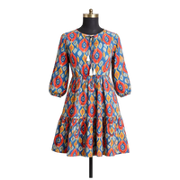Vestido Formal Largo hasta el Suelo para Mujer, Estampado Ikat, Corte en A, Mangas Largas, Cuello Redondo, Hecho a Mano, Obra Maestra, Algodón de la Mejor Calidad, Mini