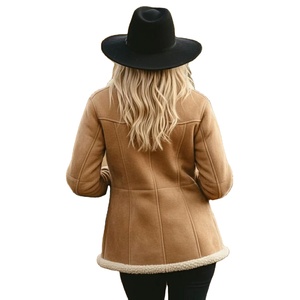 Womens <b>Brown</b> Shearling Leather Jacket <b>Tan</b> Suede Winter Coat Fur Jacket Lined Warm Outerwear Coat Mid Length Genuine Leather - Product Image 3