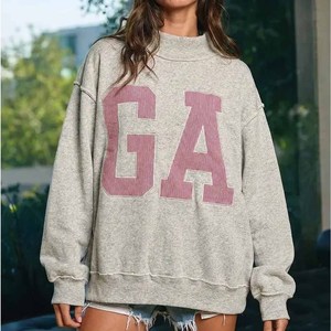 GA Custom University Style <b>Mock</b> <b>Neck</b> Sweatshirt Women Plaid Applique Letter Embroidered Cotton Fleece Crewneck - Product Image 5