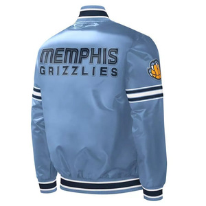 Chaqueta Universitaria Personalizada Azul Cielo Satinado para Hombre, Chaqueta Bomber con Ribete en Contraste Azul Marino, Uniforme de Béisbol Letterman al por Mayor - Product Image 2