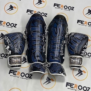 Gants de boxe et protège-tibias en cuir de vachette véritable de qualité professionnelle, très demandés, pour le kickboxing, couleur verte et noire imprimée - Product Image 4