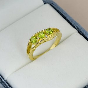 Three Stone <b>Peridot</b> <b>Ring</b> Solid 925 Sterling Silver Gold Plated Round Gemstone Handmade Classic Split Band Women Anniversary <b>Ring</b> - Product Image 1