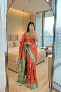 <b>Orange</b> Silk <b>Saree</b> With Green Border Traditional Indian Wedding Wear Floor Length Regular Fit Women's All Seasons - Product Image 3