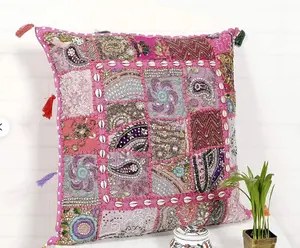 Sarung Bantal Bordir Tangan, Sarung Bantal Tambal Sulam Sari, Bantal Sofa Indian, Bantal Bordir (Merah Muda)