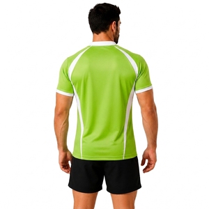 Maillot de rugby rayé vert et blanc pour homme, manches courtes, col en V, fermeture à boutons-pression, évacuation de l'humidité, coupe athlétique, vêtements pour toutes les saisons - Product Image 2