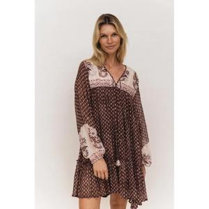 Hermoso Vestido Mini Holgado de Algodón Tejido con Cuello en V, Manga Larga, Estampado Floral, Volantes y Transparencias, Estilo Bohemio y Transpirable - Product Image 1