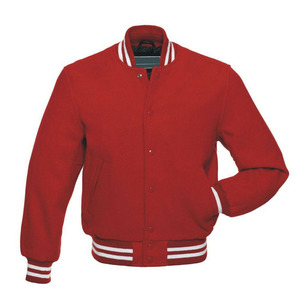 Veste universitaire rouge personnalisée en gros, veste bomber de baseball unisexe avec col côtelé rayé - Product Image 1