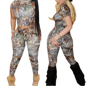 Women's Camo Print 2-Piece <b>Set</b> Short Sleeve Crop Top Skinny Full Length Pants <b>Sexy</b> Club Wear Breathable Knitted Spandex - Product Image 3