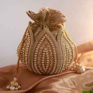 Sac pochette tendance de luxe fait main, brodé de perles, en forme de Potli, avec fil métallique, pour mariée, mariage, soirée - Product Image 1