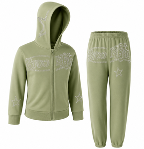 Ensemble de survêtement deux pièces pour femme, 100 % coton, séchage rapide, style streetwear, avec strass, sweat à capuche zippé et pantalon de jogging, personnalisable avec logo, vente en gros - Product Image 2