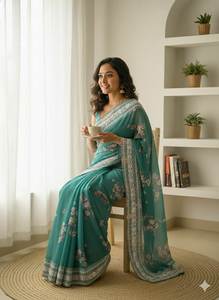 Premium Soft Georgette Fabric Lace Border Work Light Weight 5.5 MTR Long Length Customized Designer Party Saree Blouse Piece - Product Image 2