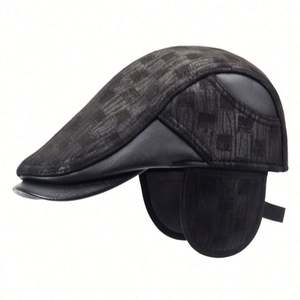 Gorra de invierno cálida para exteriores, estilo boina plana con visera de PU, diseño a cuadros, con orejeras, para hombre, novedad al por mayor - Product Image 1