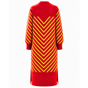 Cárdigan largo abierto para mujer NSPDK Sorority, rojo con rayas doradas, puños acanalados, suéter tipo duster bordado con aberturas laterales - Product Image 5