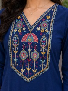 Women Ethanic Blue Embroidered Cotton Kurta Ankle Length Traditional Casual Wear India Pakistan Style Regular Fit <b>Kurtis</b> - Product Image 6