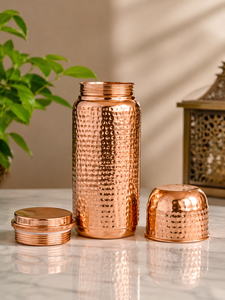 Handcrafted Hammered <b>Copper</b> Water <b>Bottle</b> Pure <b>Copper</b> Flask with Cup Lid Reusable Ayurvedic Drinkware Travel Yoga Gym - Product Image 1