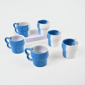 Sculpted Handle Embossed Ceramic Cup Set Blue & White Microwave Safe Handmade Flowered <b>Tea</b> <b>Mugs</b> for Gifts Set of 4 - Product Image 1