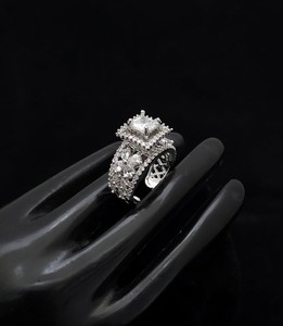Princess Cut <b>Cubic</b> <b>Zirconia</b> Engagement <b>Ring</b> Rhodium Plated Alloy Halo Women's Wedding Band - Product Image 1