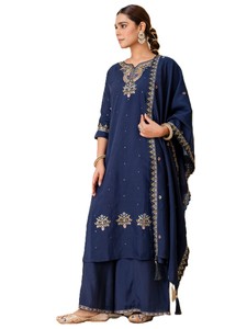 Women's <b>Navy</b> Blue <b>Silk</b> Blend Salwar Kameez Zari Embroidery Traditional Indian Pakistani Wear Loose Fit Party Winter Reversible - Product Image 1