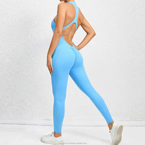 Women Seamless Full Length <b>Bodysuit</b> Half-Zip Halter Sleeveless Solid Color Blue Gym Wear Four-Way Stretch - Product Image 2