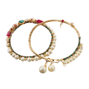 Radiant Pota Stone and Pearl Openable Charm <b>Bangles</b> <b>Set</b>-Vintage Brass Jewelry - Product Image 2