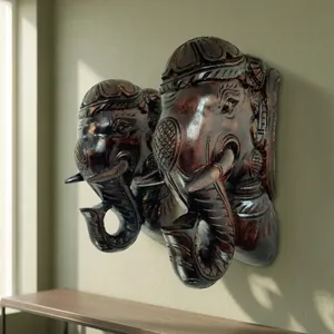 Hand Carved Wooden <b>Elephant</b> Head Wall <b>Decor</b> Traditional Animal Print Design Asian Zen From Uttarakhand for Home Decoration - Product Image 1