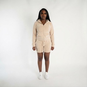 Conjunto de 2 piezas para mujer, conjunto informal de sudadera con capucha y cremallera y pantalones cortos con cordón - Product Image 6