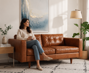 Sofá de Cuero Genuino de Estilo Moderno de Mediados de Siglo, Sofá Tapizado de 2 Plazas con Patas de Madera Maciza - Product Image 5