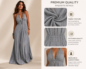 Robe maxi bohème à bretelles |   Robe longue d'été sans manches en coton gris à œillets pour la plage et les vacances - Product Image 3