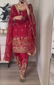Conjunto de Vestido de Novia Indio-Pakistaní Rojo Bordado, Salwar Kameez Dupatta de Seda Crepé Natural, Largo hasta el Tobillo, para Mujer - Product Image 2