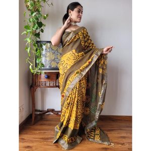 ATTRACTIVE LINEN DIGITAL PRINT WITH <b>SILVER</b> BORDER WORK SAREE WITH UNSTITCHED BOLUSE YELLOW - Product Image 1